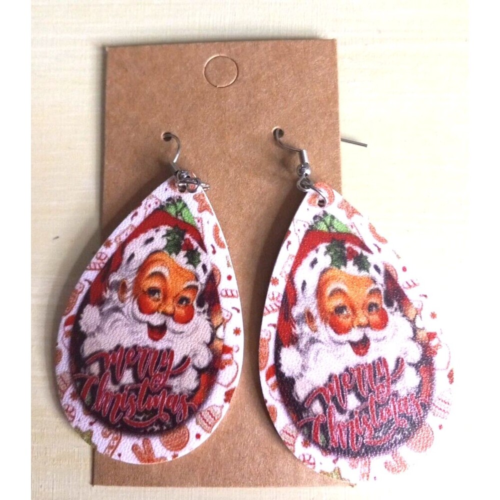 Santa Earrings Merry Christmas Dangles Candy Background Jolly Double Sided